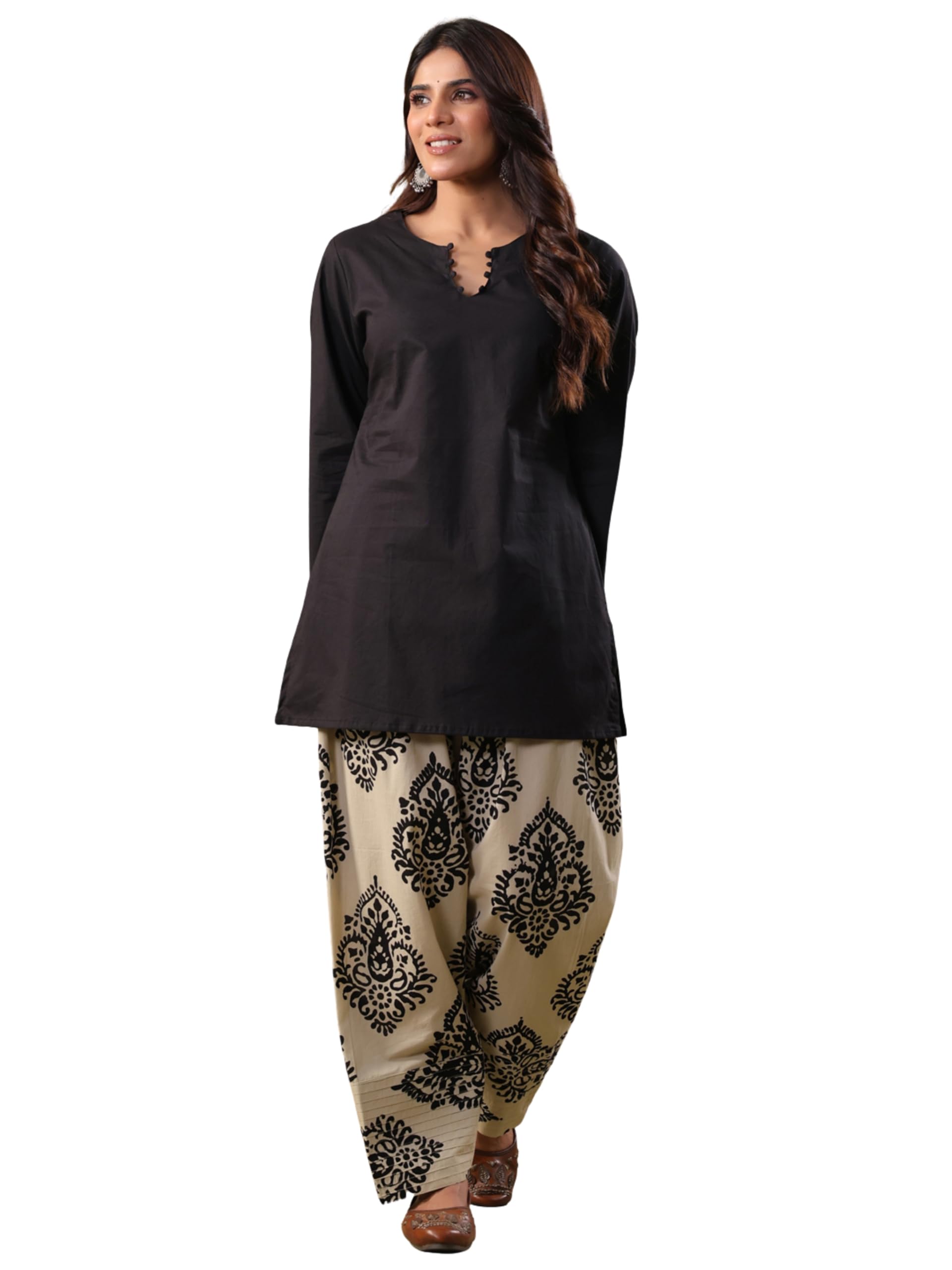 rimeline Women's Black Short Kurta and Printed Farshi Salwar Set | Cotton Co-Ord Fusion Set with Bell Sleeves and Printed Palazzo Pants-picture-31