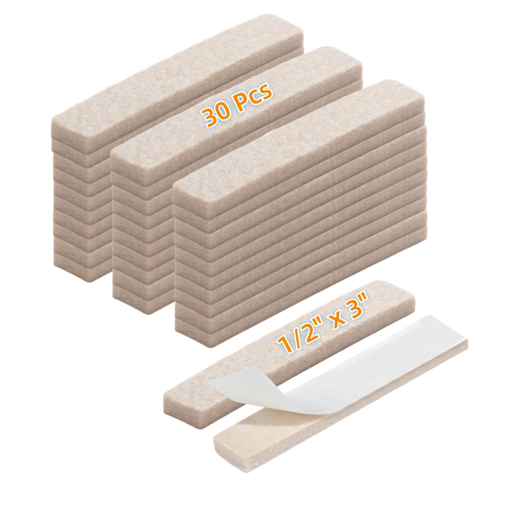 Furnigear Felt Strips with Adhesive Backing for Furniture - Felt Furniture Pads for Hardwood Floors, Furniture Chair Feet Felt Pads, Furniture Floor Protector Sliders 30 Pcs 3 x 1/2" Rectangular Beige