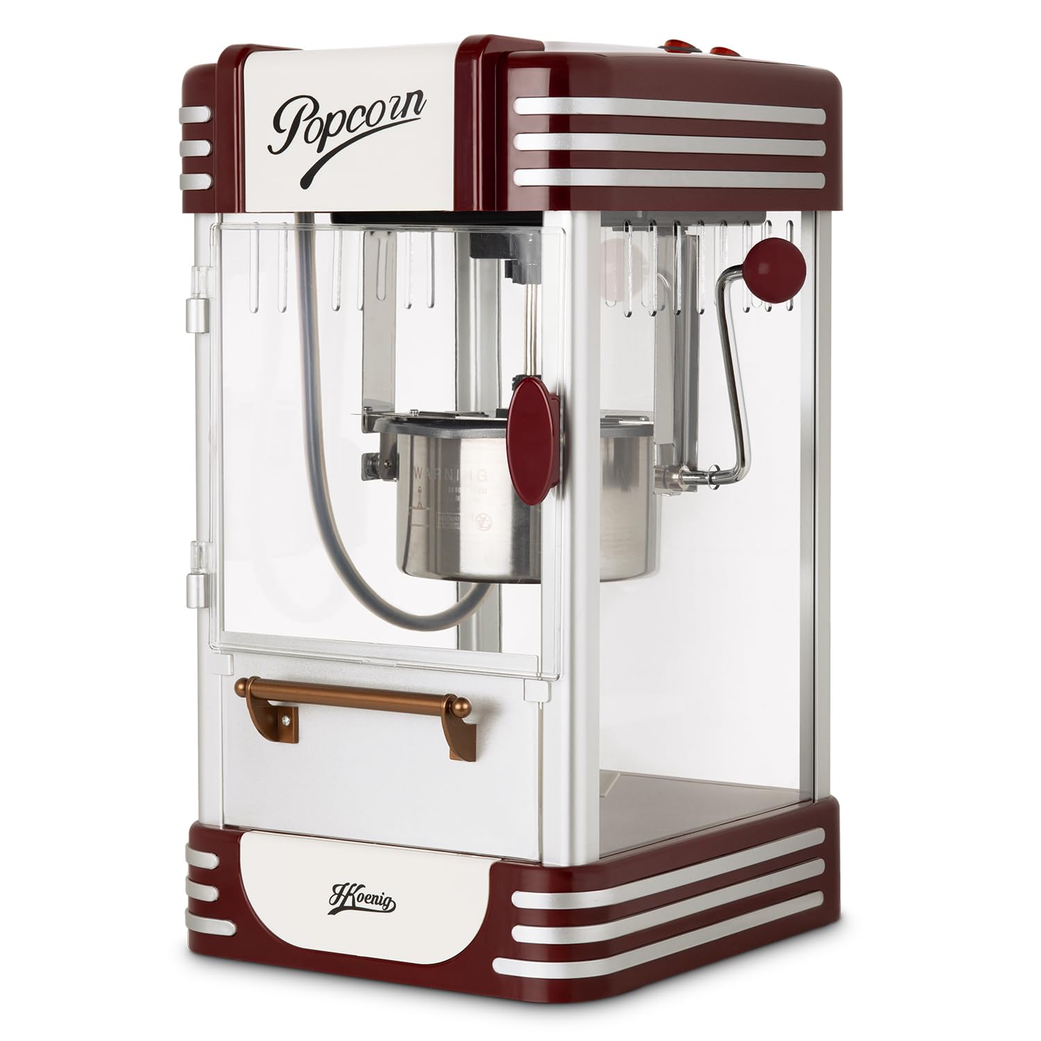 H.Koenig Maszyna do popcornu POP330, łatwy i szybki domowy popcorn, retro design, garnek ze stali nierdzewnej i aluminium, pojemność 50 g, magnetyczne drzwi, 360 W