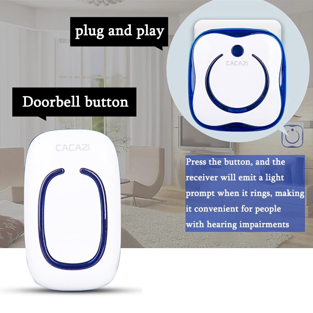 Campanello Senza Fili da Esterno Impermeabile IP66, Wireless Doorbell Bianco con Raggio d'azione 300M, Indicatore LED, 2 Trasmettitori Pulsante e 1 Ricevitori, 4 Volume Regolabile, 36 Suonerie