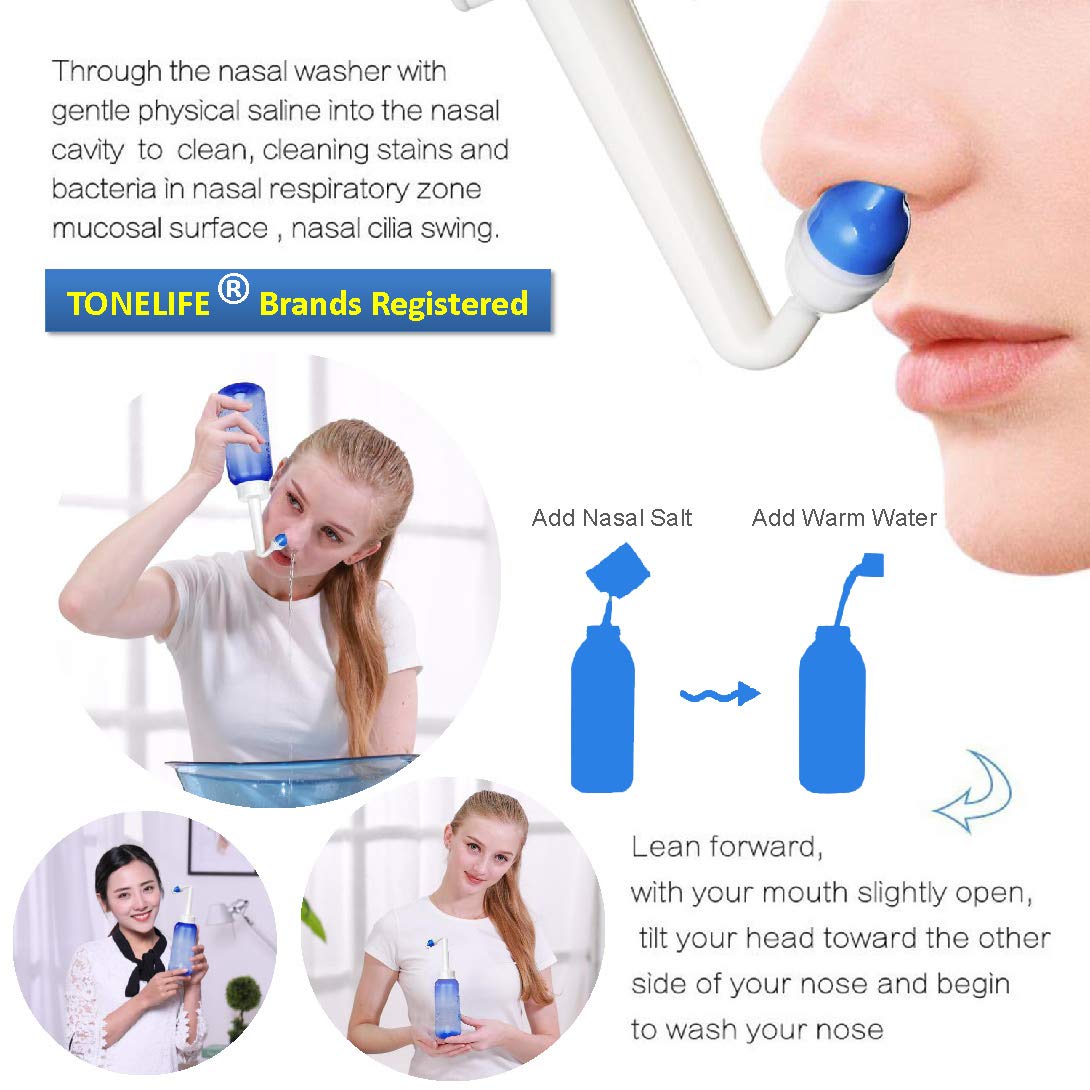 Lot de 2 pots Neti – |2 bouteilles + 4 buses| +pulvérisateur nasal (flacon uniquement) – 300 ml – Kit de rinçage pour sinus –Nettoyant pour le nez et irrigation des sinus –Pulvérisateur nasal bloqué