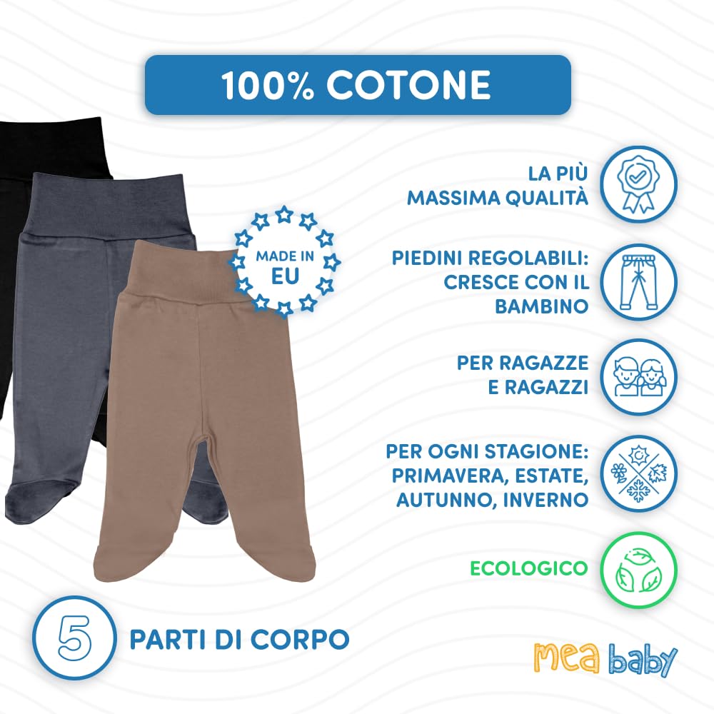 MEA BABY Pantaloni Bebè Unisex con Piede 100% Cotone Confezione da 5, Pantaloni Tutina Bebè con Piede, Pantaloni Bebè con Piede Bambino Pantaloni Bebè con Piede Bambina (74, Ragazzi4)