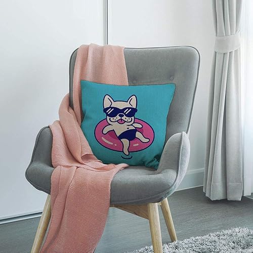 Miniatura 6 de HGOD DESIGNS Funda de almohada para perro, divertido bulldog francés en gafas de sol con flotador de piscina, fundas de cojín de lino y algodón,