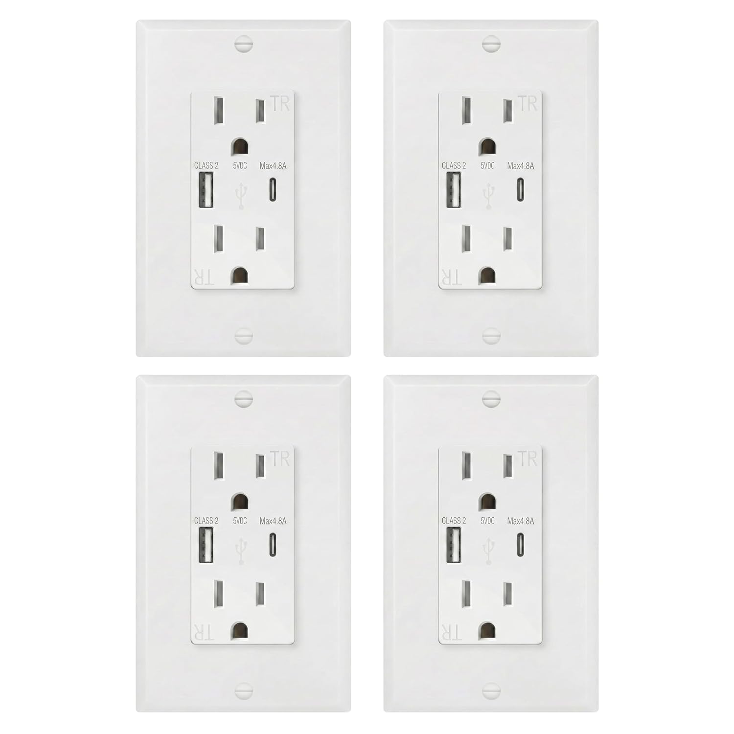 15Amp USB Outlet, Tamper-Resistant Receptacle with USB-A & USB-C Charging Ports (5V/4.8A), ETL Listed,Wall Plate Included, White, 4 Pack