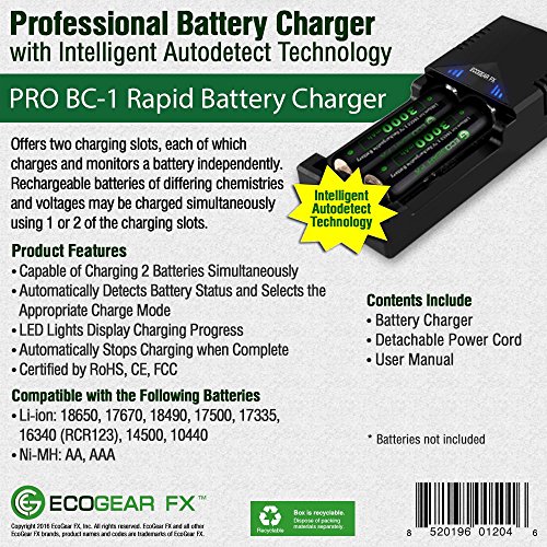 EcoGear FX Dual Lithium Battery Smart Charger Quick Li-ion Charging – Rapidly Charges 18650, 14500, AAA, AA and Most NiMH Batteries – Blue Progress Lights and Fire Safe Intelligent Circuitry
