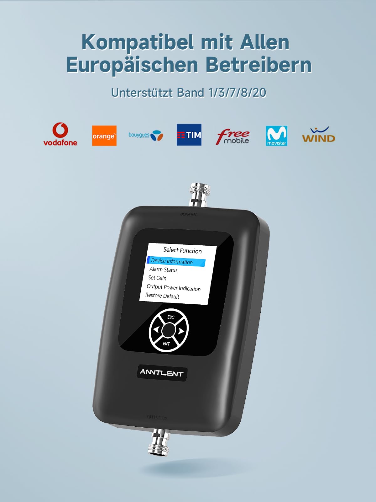 ANNTLENT LTE Verstärker Empfangsverstärker Handy mit Bildschirm Band 1/3/7/8/20 Unterstützt Alle Deutschen Betreiber O2 | 4G 3G 2G GSM Repeater 70 dB Hohe Verstärkung Einstellbar