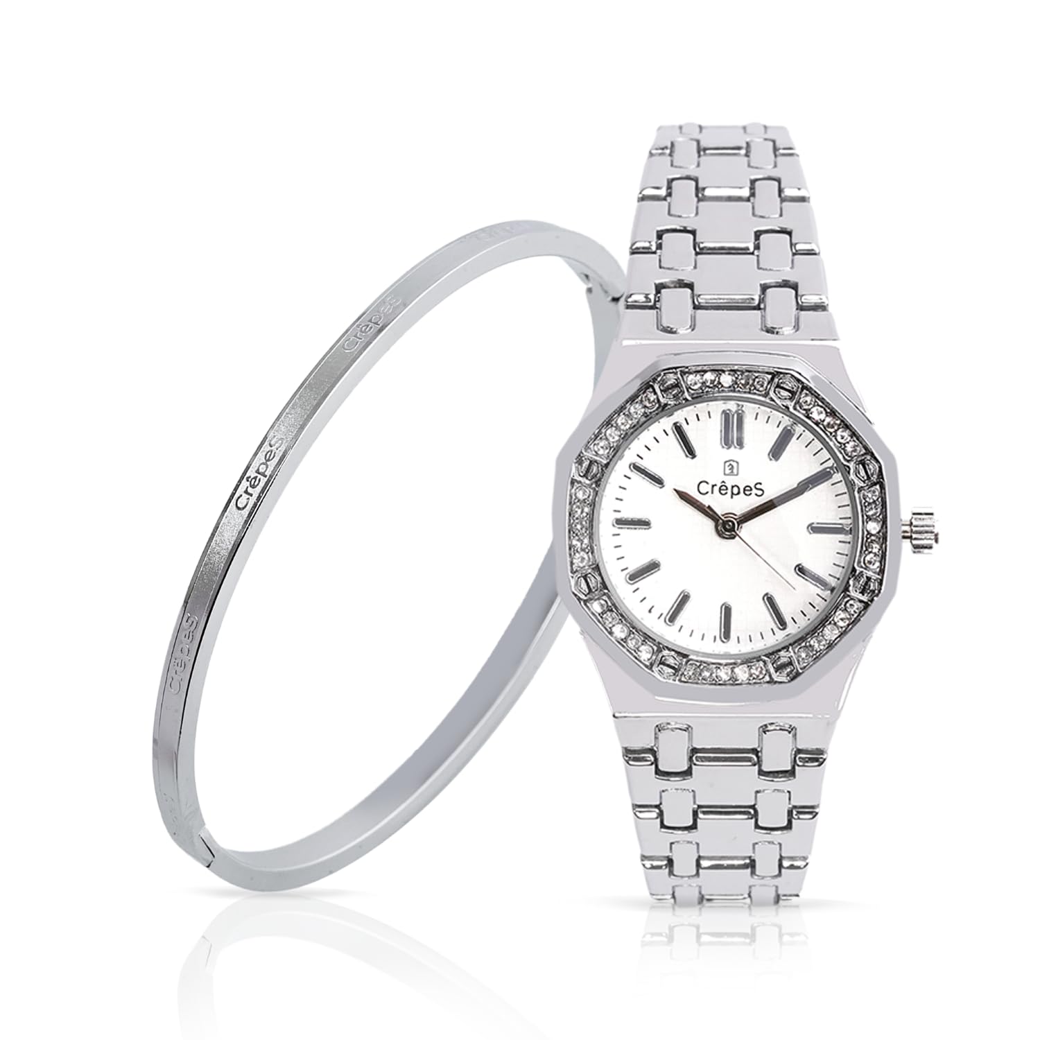 CrepeS Stylish Octa Analog Watch Silver-White & Signature Silver Hand Bracelet for Women (B0D3LCF173) Amazon Price History, Amazon Price Tracker