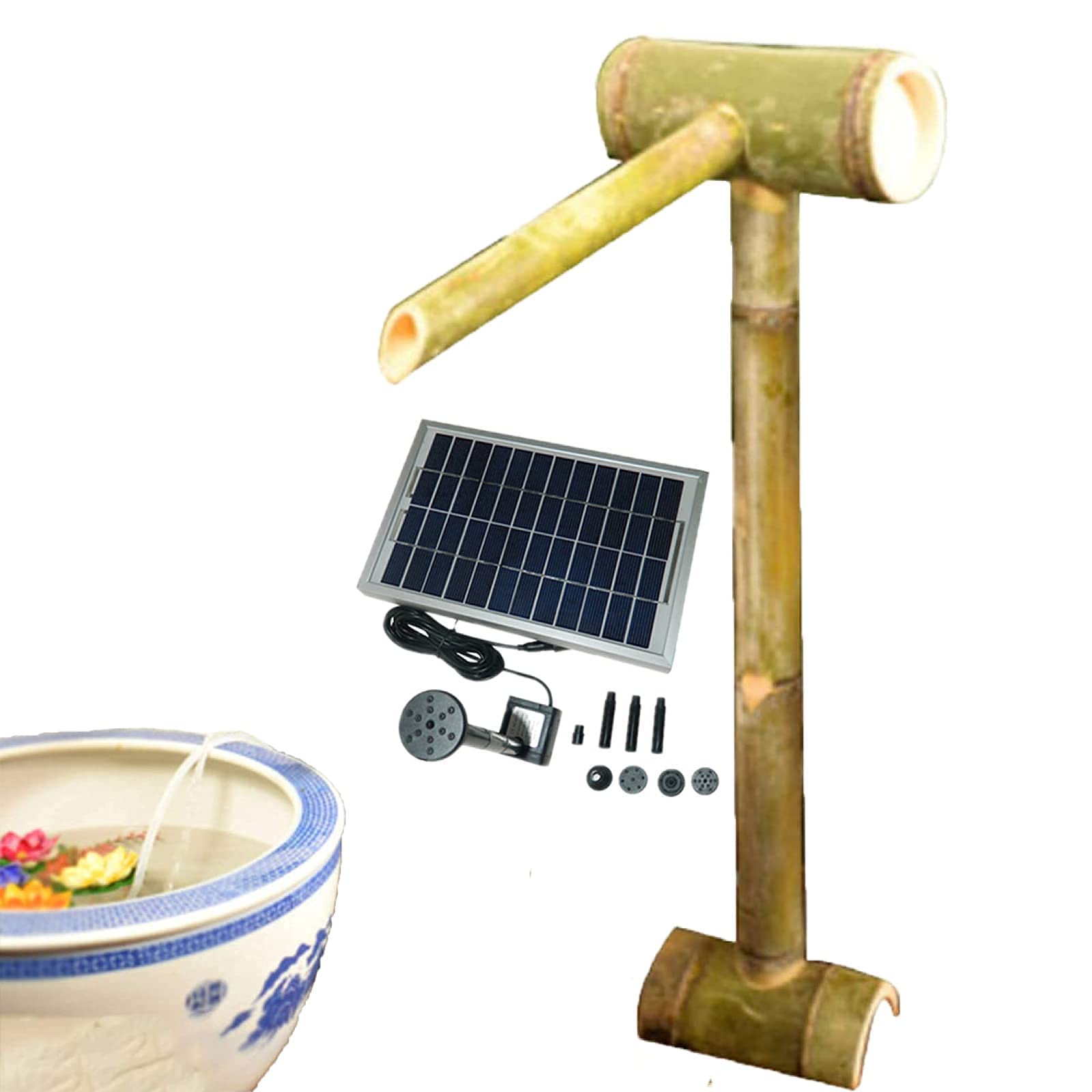 Fontana Solare, Fontana Solare per Il Bagno degli Uccelli, Fontane Esterne, Fontana di bambù, Cascata da Giardino, Beccuccio d'Acqua con Pompa (50 Cm)