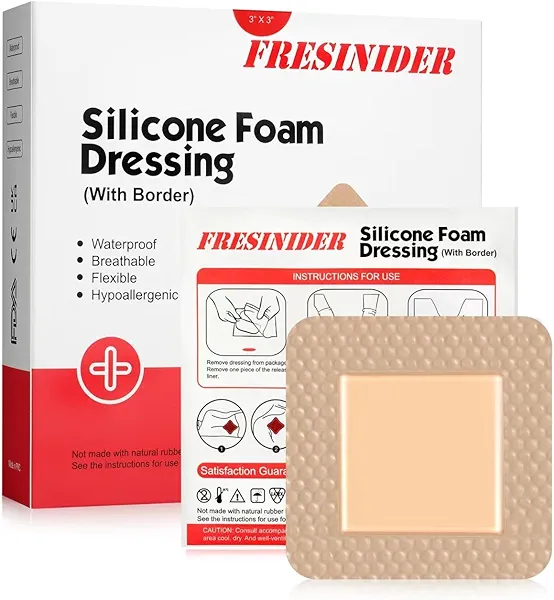 FRESINIDER Silicone Foam Dressing with Adhesive Border – Wound Dressing Bandage – Silicone Foam Pad – Pack of 5 – 3 x 3 Inches Large Waterproof Bandages – Self Adhesive Wound Care and Dressings