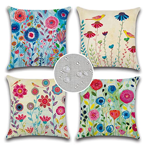 JOJOGOGO Spring Outdoor Pillow Covers 18×18 Waterproof Set of 4 Flower Outdoor Throw Pillows for Patio Furniture Floral Decorative Pillow Cases for Spring and Summer Home Decor