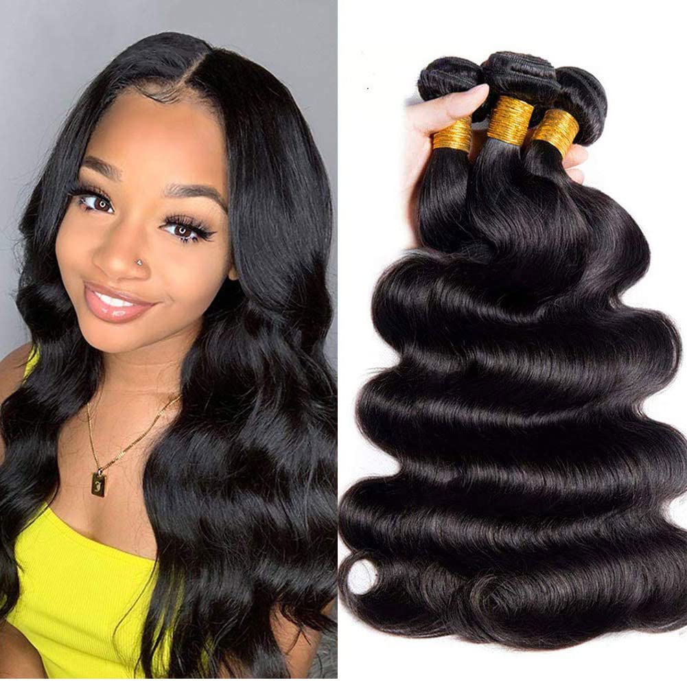 AomlluteBody Wave Human Hair Bundles 14 16 18 Inch 3 Bundles Weave Bundles Human Hair 100% Unprocessed Brazilian Virgin Hair Extensions Natural Black