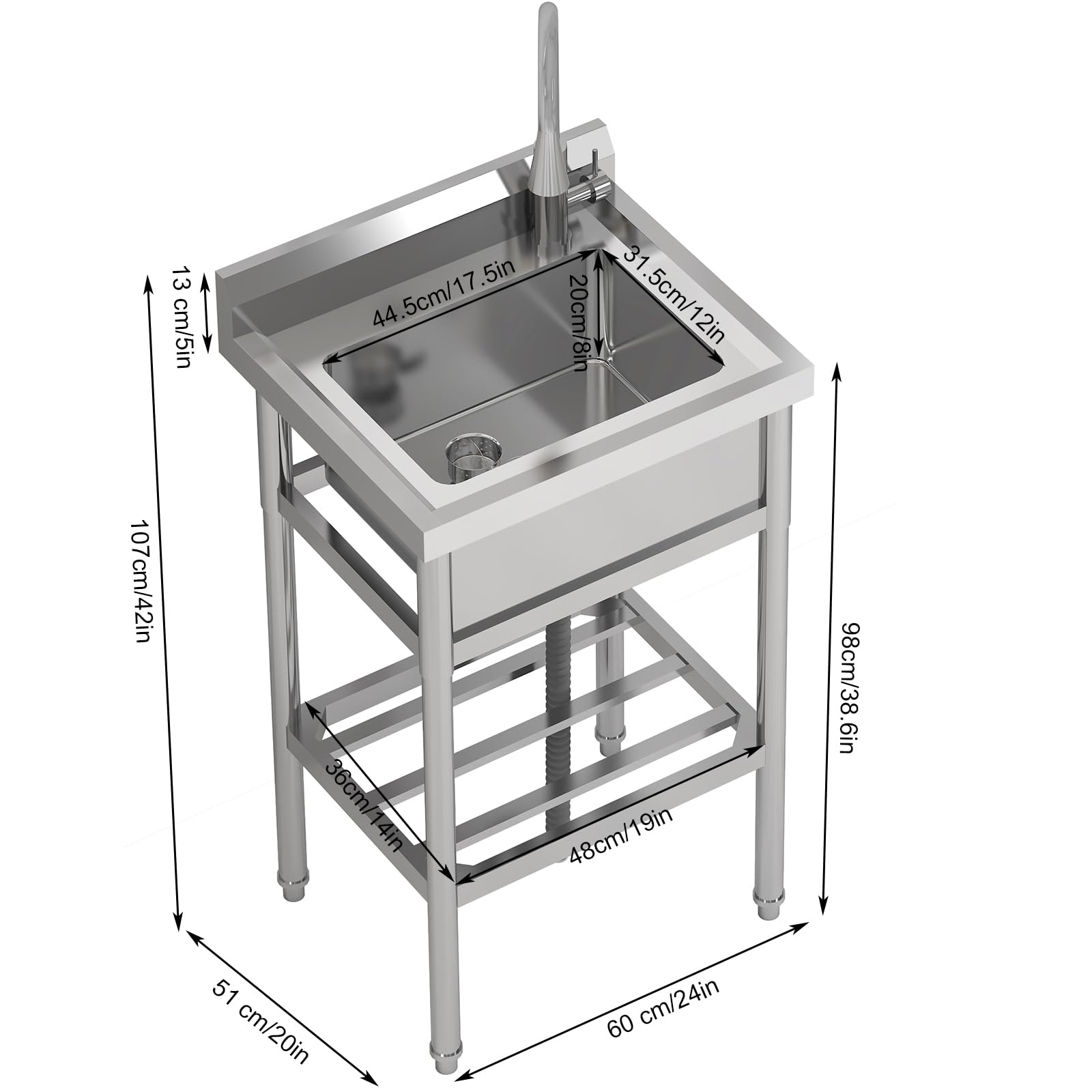 Ultra-Robuster Spültisch aus Edelstahl,48" Großes Einzelbecken mit Brause & Kalt Warmwasseranschluss, Frei stehender Waschtisch für Profibereich (61 * 51 * 105cm)