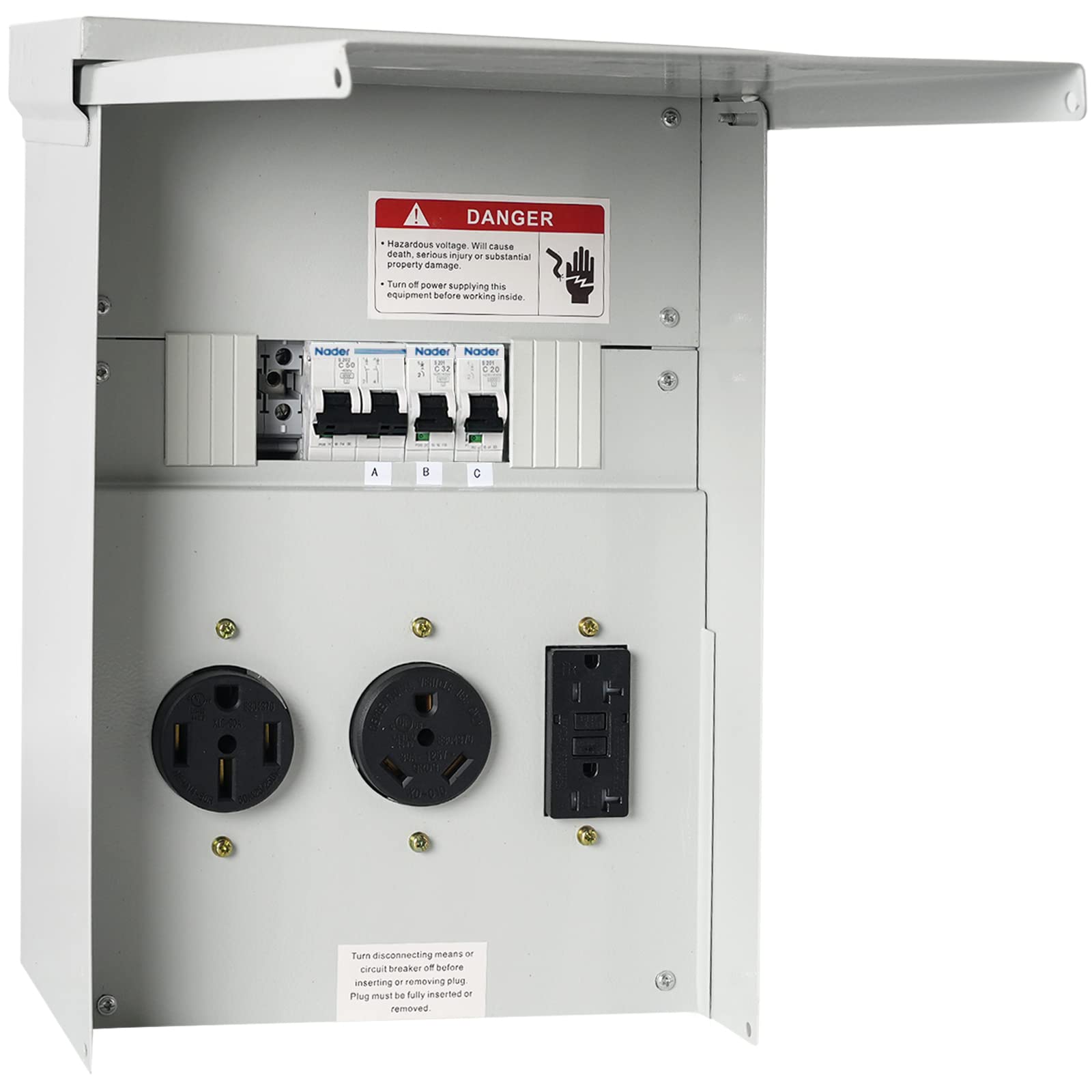Temporary Power Outlet Panel, Power Circuit Breaker Panel with 20, 30, and 50 Amp Receptacle Installed, Prewired Receptacle Panel Weatherproofed Lockable Electrical Outlet Box