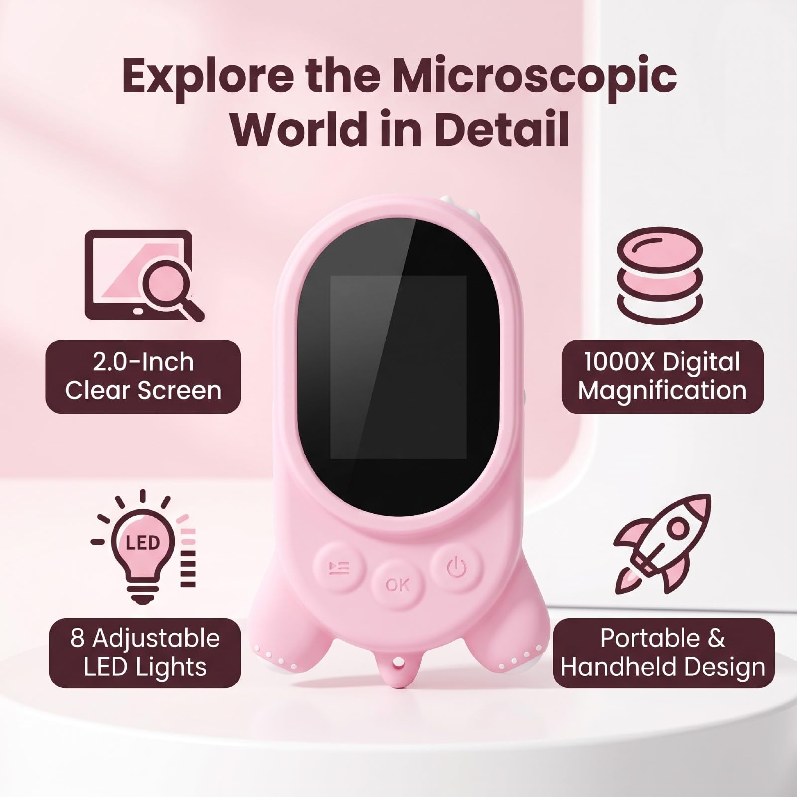 Naroote Microscopio Portatile, Microscopio Digitale con Schermo HD da 2.0 Pollici, Ingrandimento 1000x, 8 Luci LED, 3 Livelli di Luminosità Regolabili, per la Scuola all'Aperto (PINK)