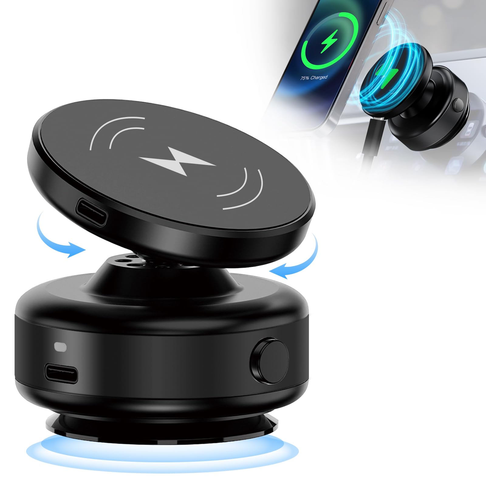 SEARISE スマホホルダー 真空吸着式 車 スマホスタンド 充電 車載スマホホルダー ワイヤレス充電 mag-safe対応 真空スマホホルダー 車 高級合金素材 マグネット 多角度自由調節 マグセーフ 車載 携帯ホルダー 車 スマホ車載ホルダー 携帯スタンド iPhone&Android多機種対応(ブラック)