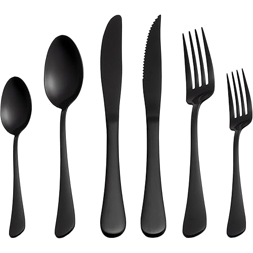 24 Piece Matte Black Flatware Set.Stainless Steel Matte Black Silverware Set Titanium Plating Tableware Cutlery Set. Utensil Set for Kitchens. Dishwasher Safe(Service for 4)