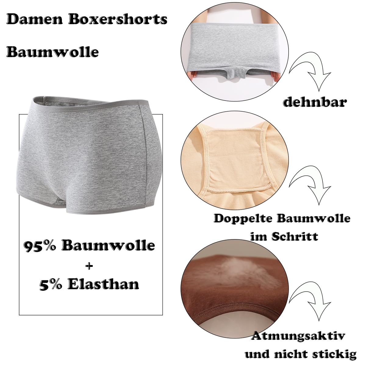 ALL OF SHE Boxershorts Damen Baumwolle–Unterwäsche Frauen Bequem und Unterhosen Atmungsaktiv, Pantys Damen Für Alltag, 6 Stück, Größen S-XXL