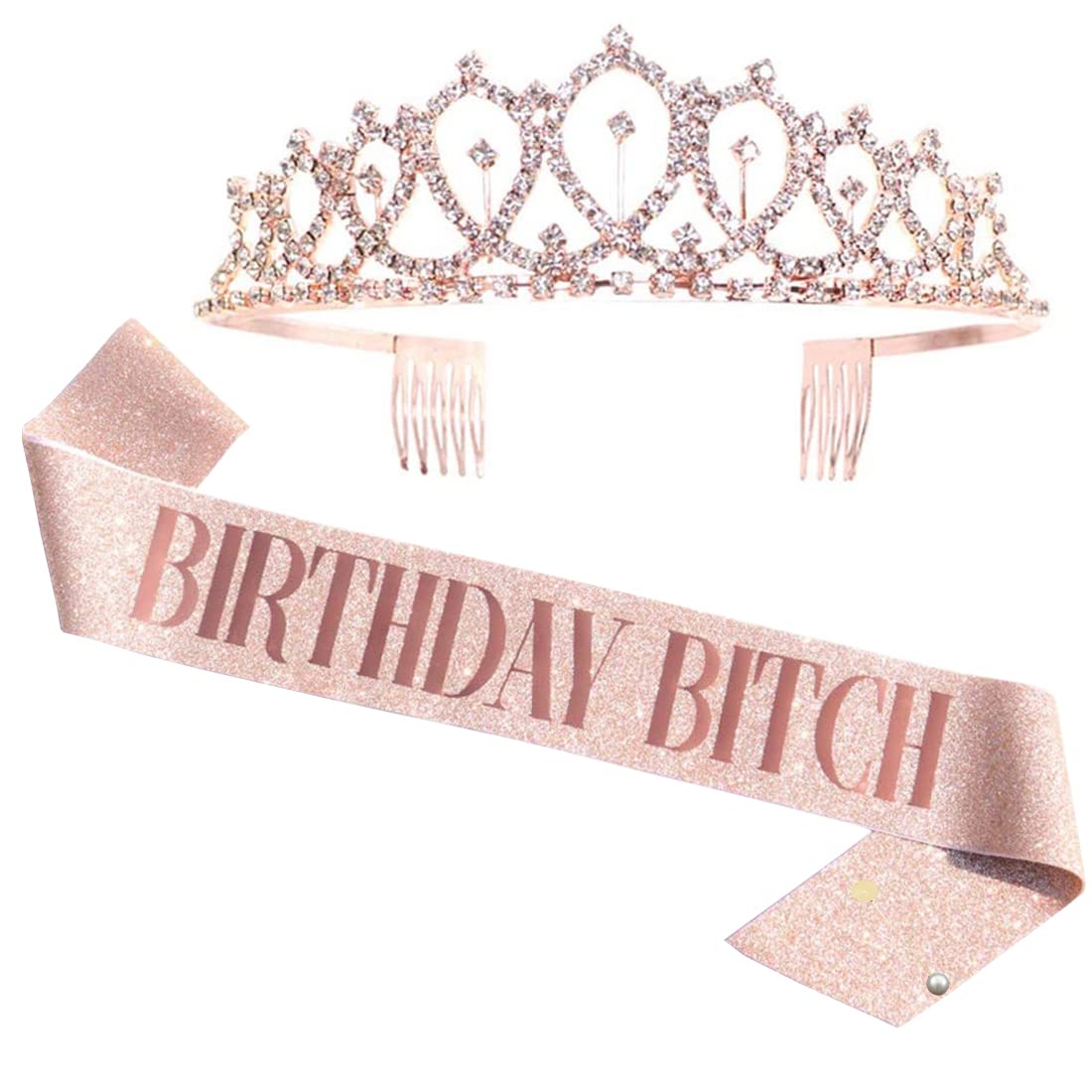 LATFZRose Gold "Birthday Bitch" Sash & Crown Tiara Kit - Glitter Gifts for Women Party Supplies