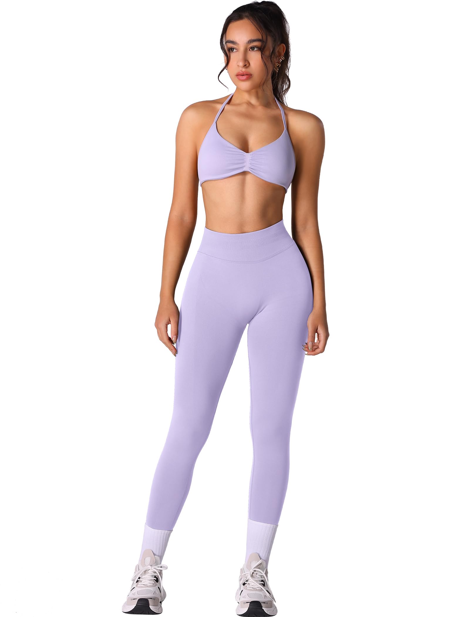 ABOCIW Workout Sets for Women 2 Piece Seamless Halter Sports Bra Scrunch Butt High Waist Leggings Gym Yoga Outfits
