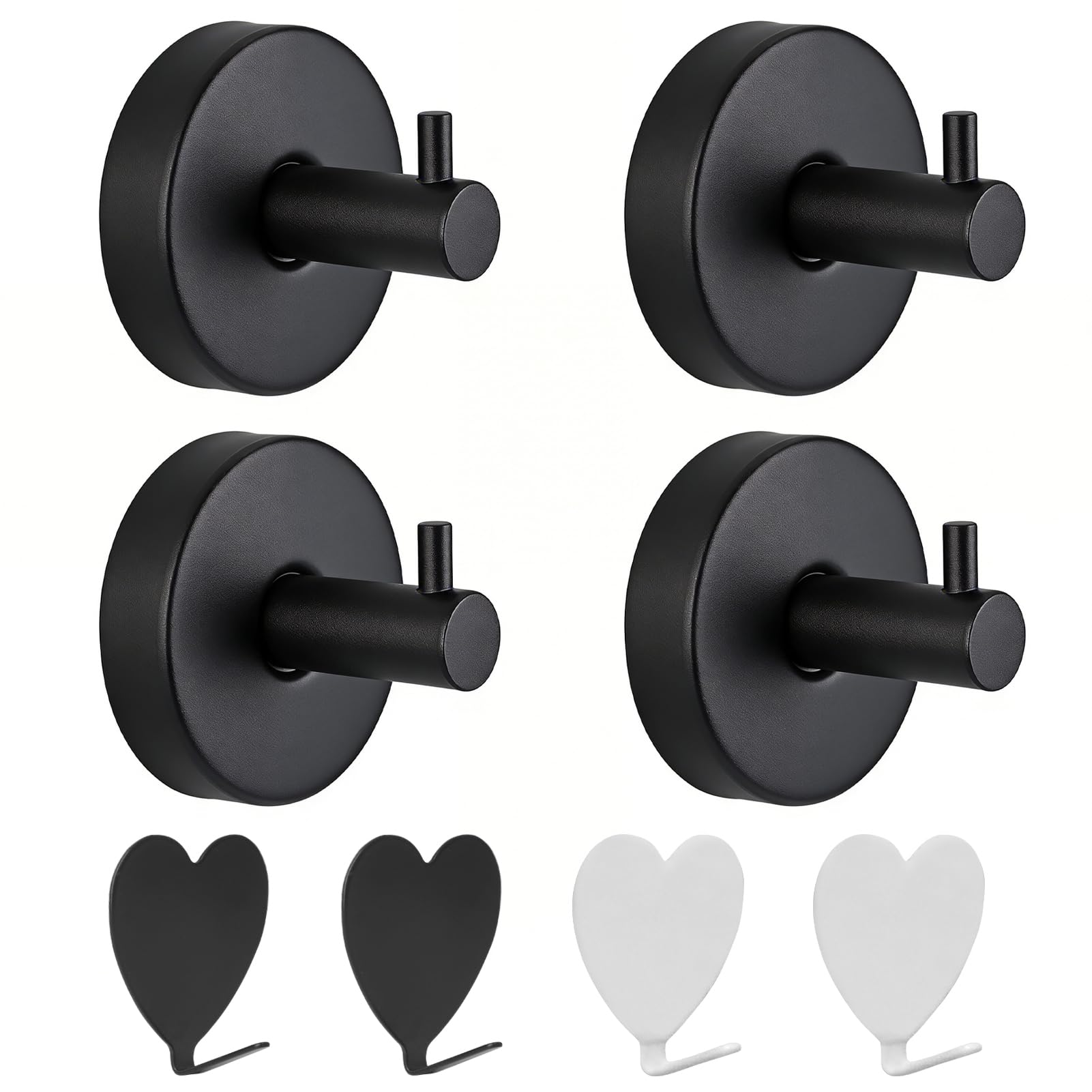 HJJMN 4Pcs Suction Cup Hooks, Towel Hooks for Bathrooms with 4 Heart Shaped Adhesive Hook, Reusable No-Drill Bathroom Suction Hooks, Adhesive Suction Cup Hooks for Kitchen Bedroom Matte Black