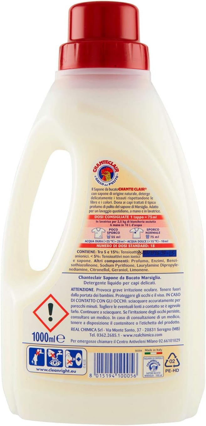 Chanteclair Sapone da Bucato Marsiglia - Sapone da Bucato Marsiglia - Ideale per la pulizia delicata dei tessuti - 18 lavaggi - 1000 ml + portachiavi Beni Culinari in omaggio