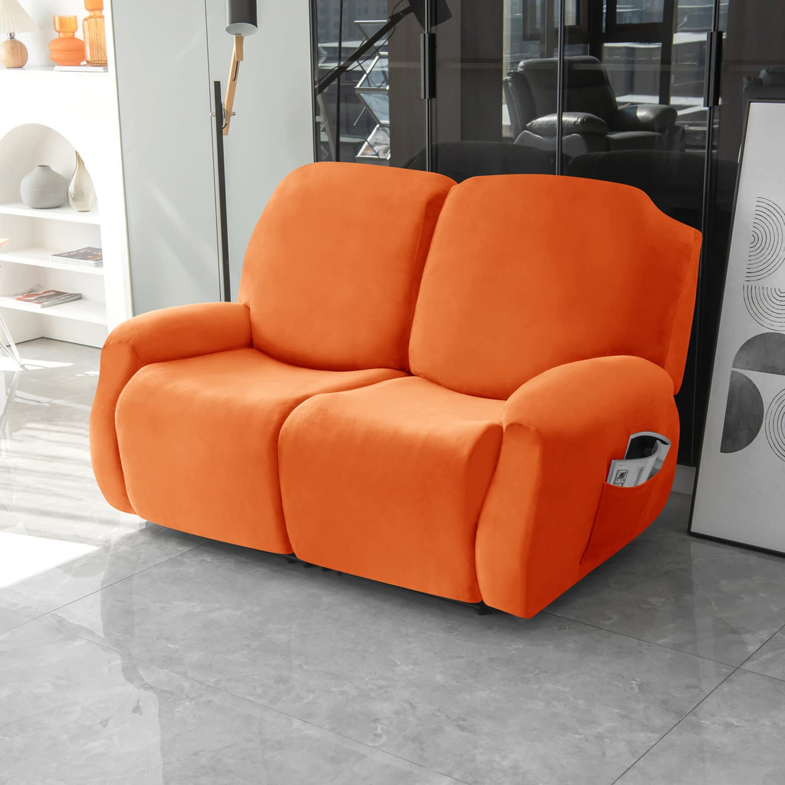 Funda de Terciopelo for sillón Relax de 2 plazas, Funda elástica for sillón reclinable, 6 Piezas,sofá, sofá, Protector de Muebles Sala de Estar(Orange)