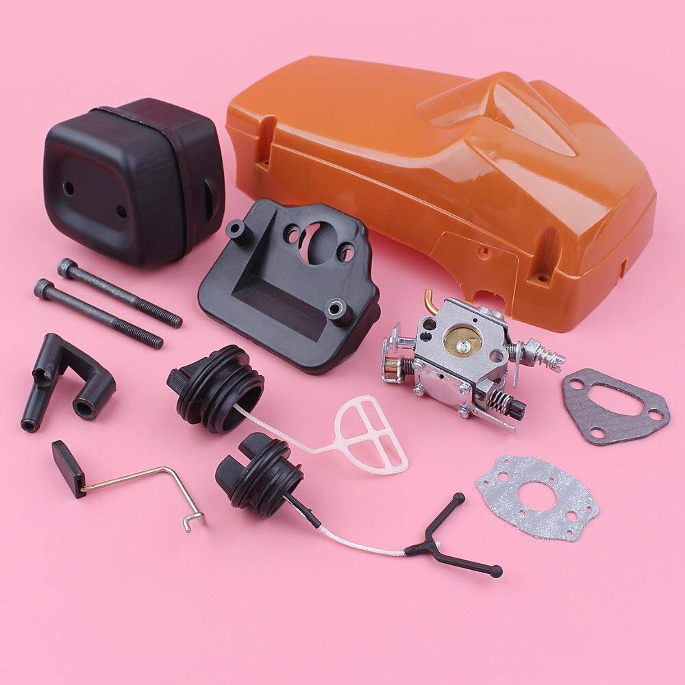 Carburador de cubierta de motor de cilindro superior para compatible con Husqvarna 137 142, silenciador de escape, filtro de aire, tapa de combustible y aceite, repuesto de motosierra