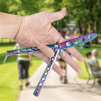 Titanium Butterfly Knife Trainer - Unsharpened Bailisong for Martial Arts Training and Flipping Tricks - Rainbow Folding Design