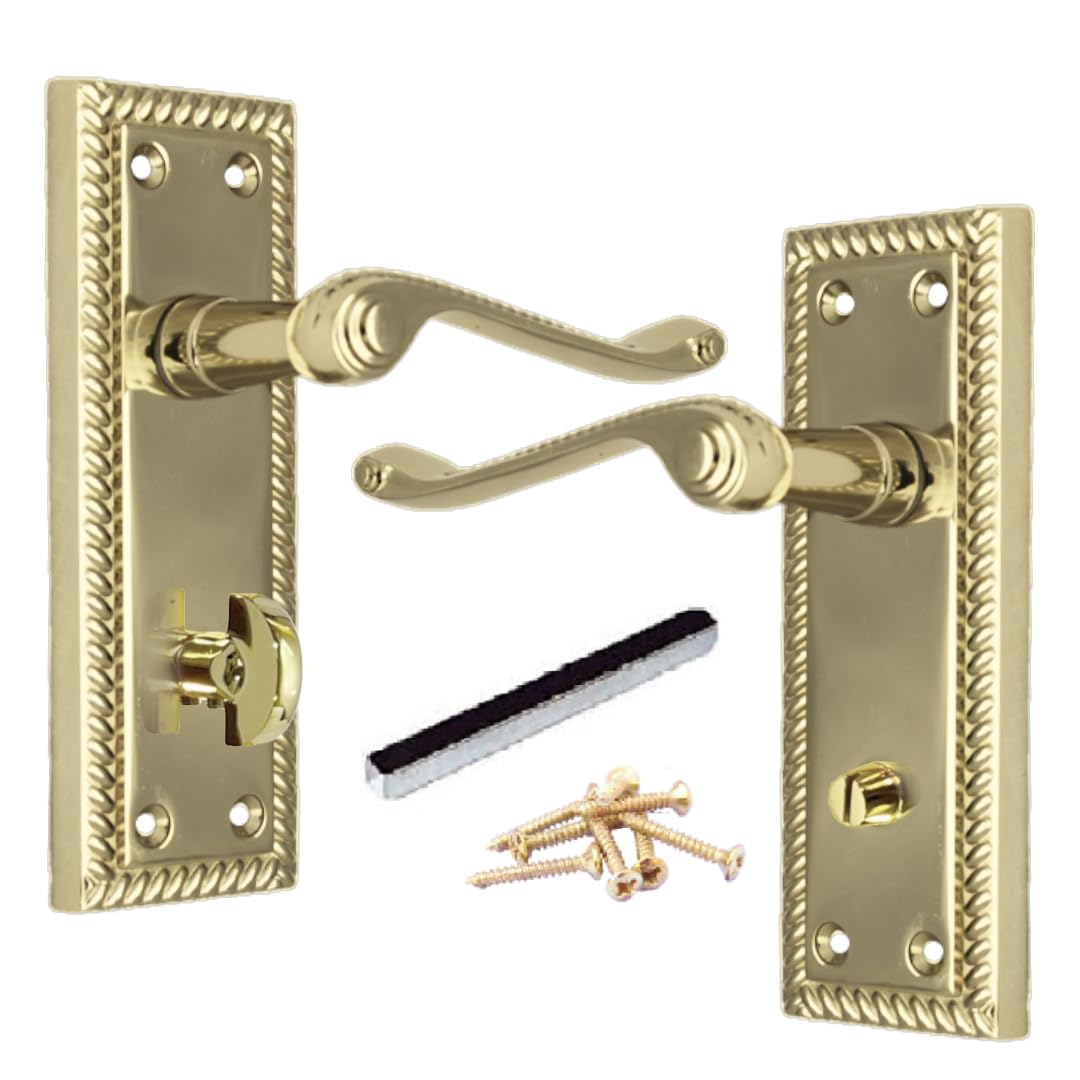 Betley Butterfly Georgian Door Handles Bathroom WC Toilet Door Handles, Pair Brass 150mm x 48mm Backplate, Vic Scroll Lever Handle for Interior Wooden Doors