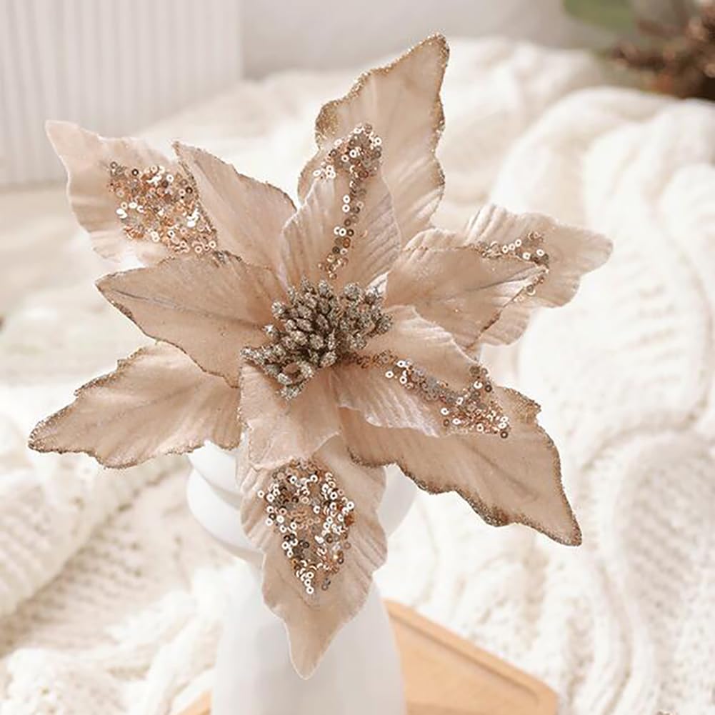 vctops Lot de 6 poinsettia artificielles à paillettes brillantes pour sapin de Noël, couronne d'ornement, Nouvel An, fête de mariage, vacances, décoration à faire soi-même, champagne