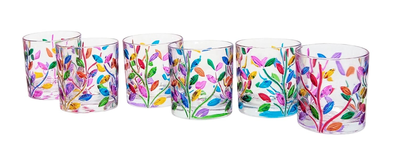 Perle d'Arte Set mit 6 Gläsern Laurus 33 cl Multicolor Kristall Handbemalt Tumbler Murano Style Venedig