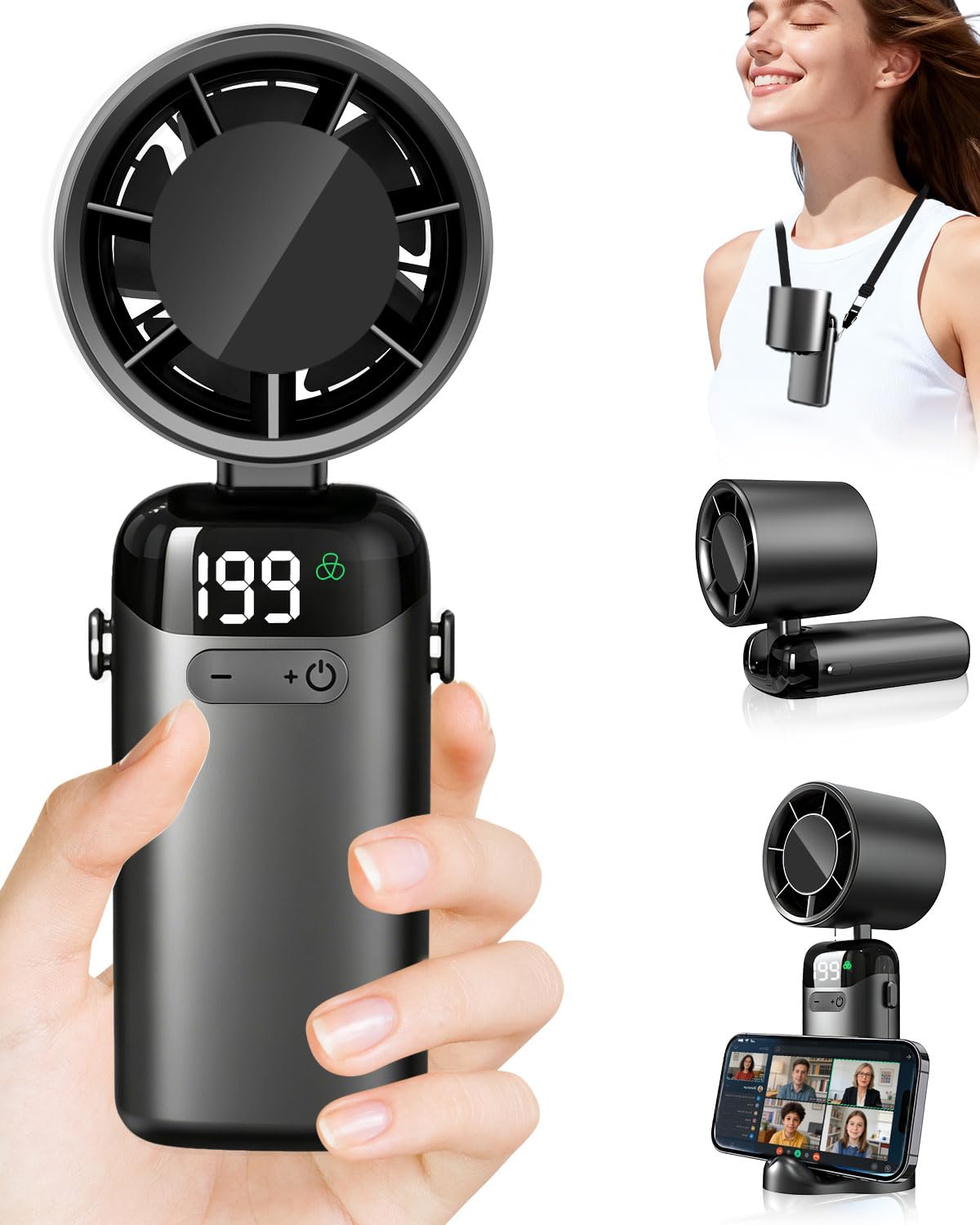 Ventilatore Portatile Turbo USB Ricaricabile, Pieghevole con Supporto Phone e Display LED. Batteria 3500mAh, Autonomia 10 Ore, Ventilazione Continua 1-199, Fresco Personalizzato per Viaggio e Ufficio