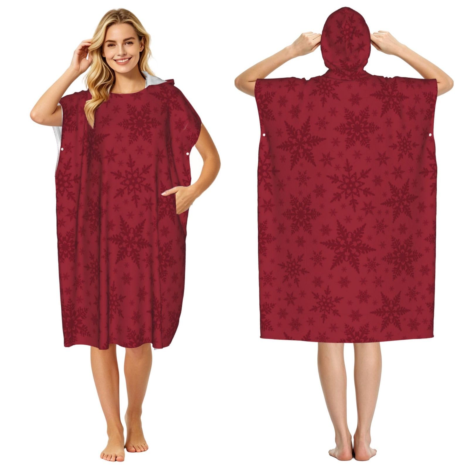 Poadnly Christmas Red Christmas Snowflake, Adult Hooded Beach Towel 90 x 110 cm,Changing Bath Robe, Surf Poncho Towel For Women Men