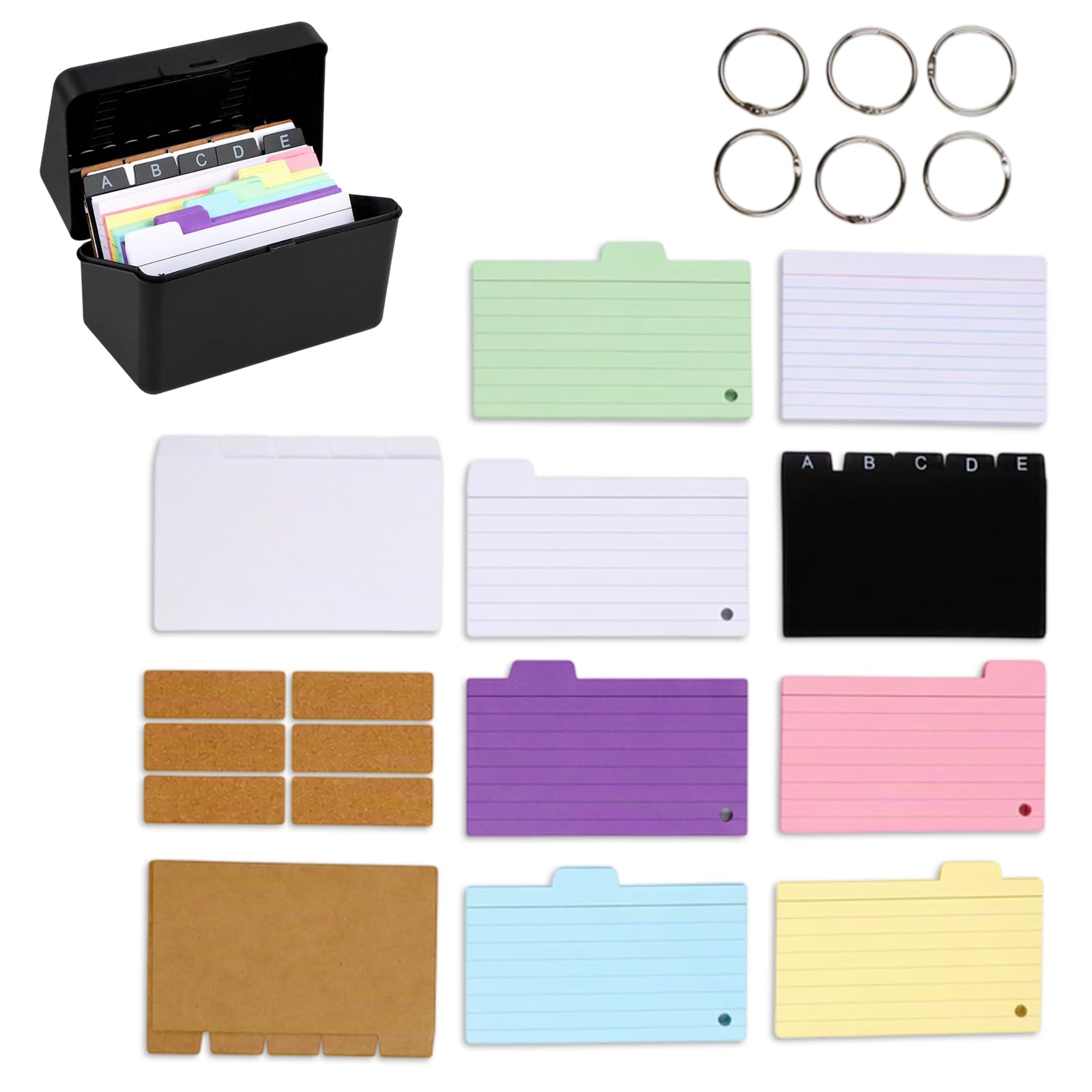 Elovara Index Card Box Set with 250 Coloured Flash Cards, 15 Card Dividers