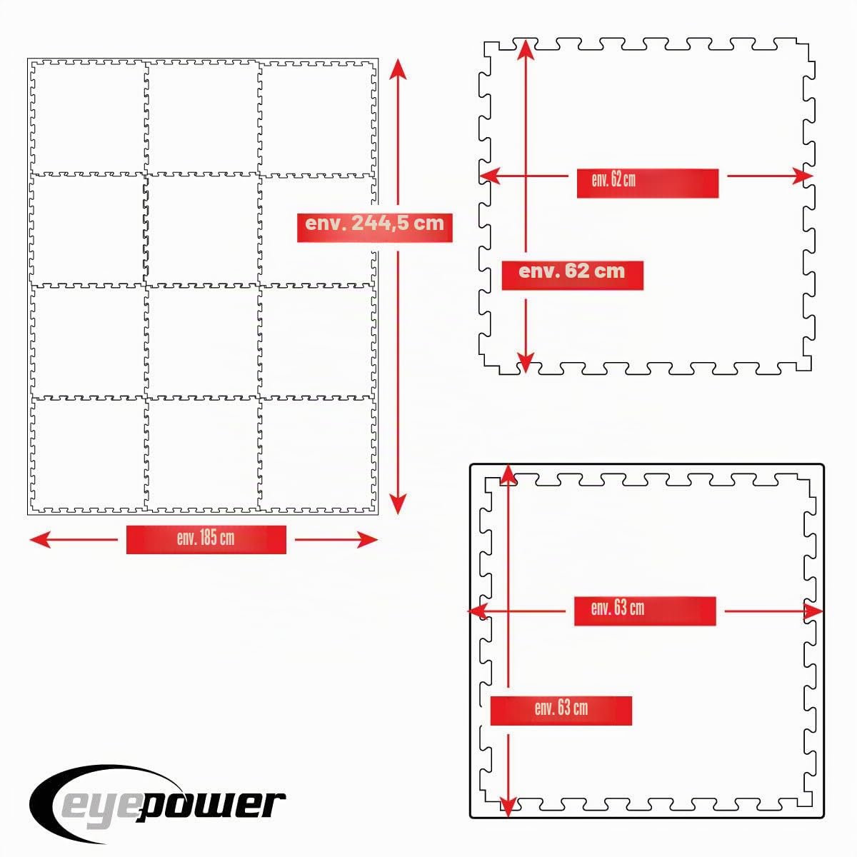 EYEPOWER Tapis de fitness 63 x 63 x 2 cm - Tapis de protection du sol en EVA de 2 cm d'épaisseur - Tapis puzzle pour salle de sport à domicile - Tapis d'entraînement antidérapant pour appareils de
