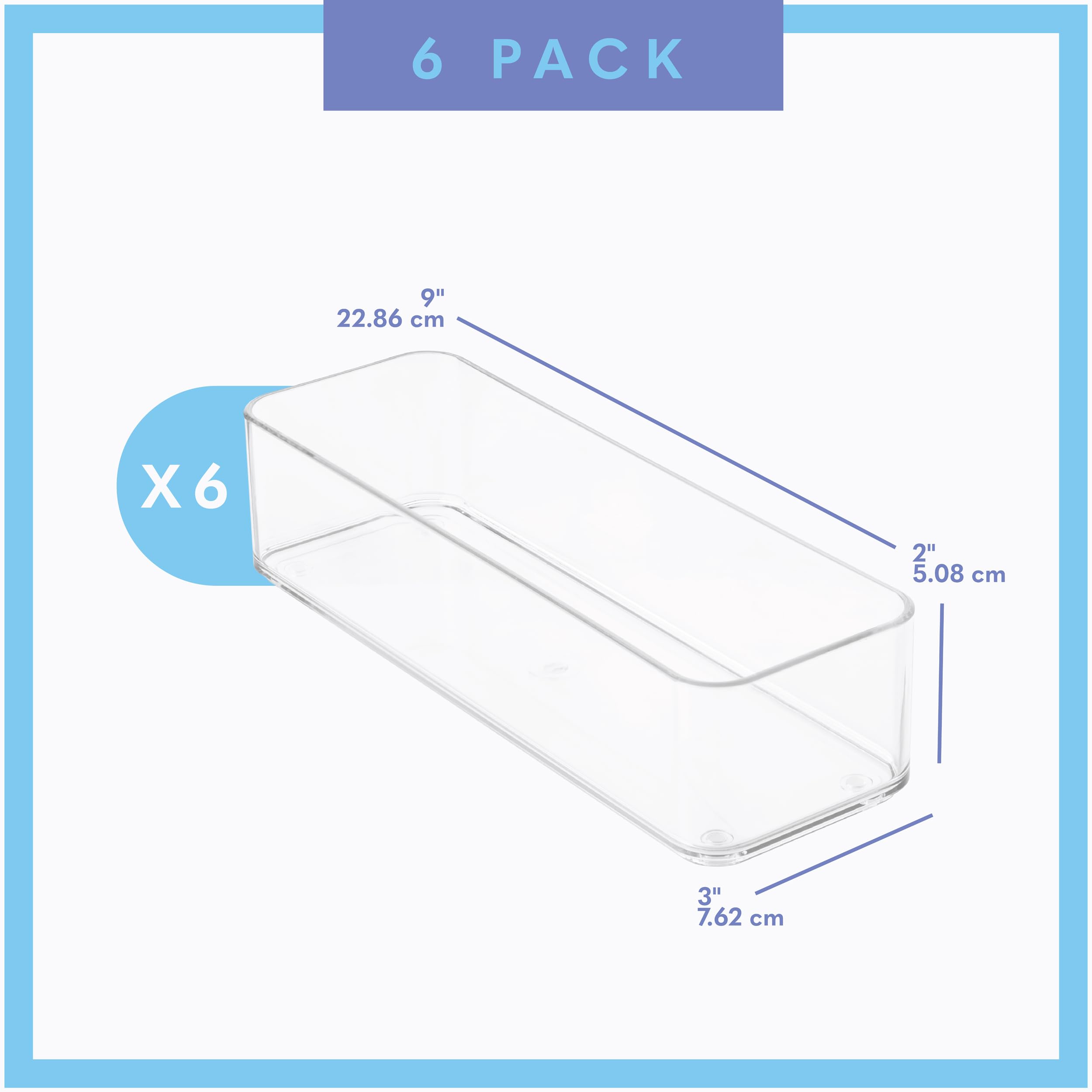 primebox Organizadores de cajones de plástico transparente. Baño, cocina, dormitorio, joyas, oficina, bandejas de almacenamiento. Resistentes, apilables. 9 x 3 x 2 pulgadas, juego de 6