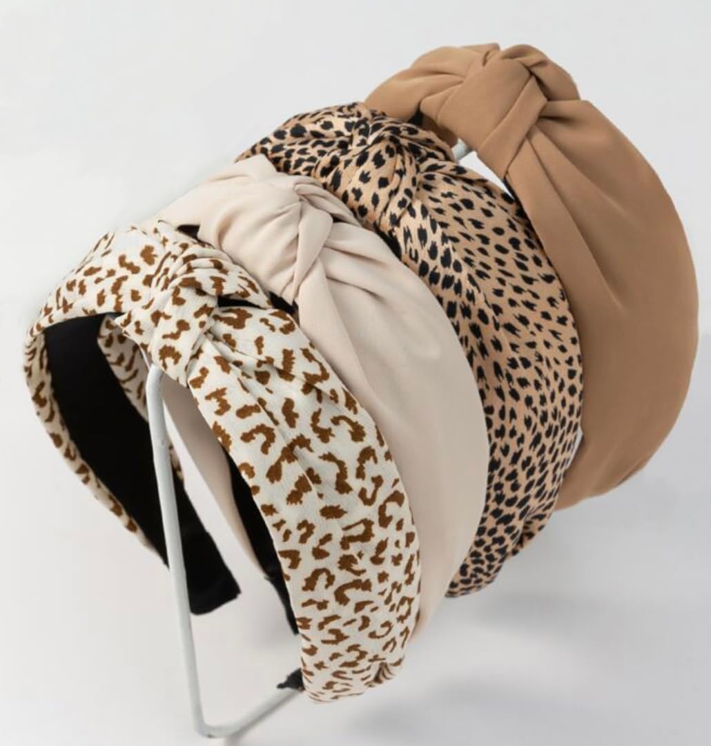 Kotkiddy 4 diademas para mujer, antideslizantes, modernas, diademas para el pelo, lindas diademas para el pelo de mujer, nudo ancho, diseño de leopardo