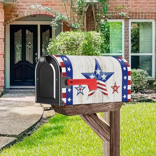 Image of 4th of July Patriotic Blue Red Star Mailbox Cover Magnetic Standard Size 21x18 Inch Independence Day Memorial Day Decorative Post Letter Box Wrap Decor Garden Yard Decoration