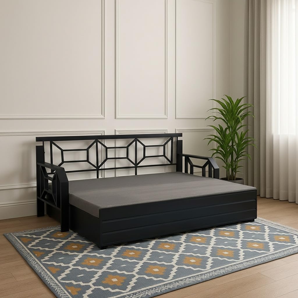 Royal Interiors Shinfin 3 Seater Metal Sofa Cum Bed with Hydraulic Storage | King Size Sofa Cuma Bed |Metal Sofa Set for Living Room (Grey & Black)-image-12