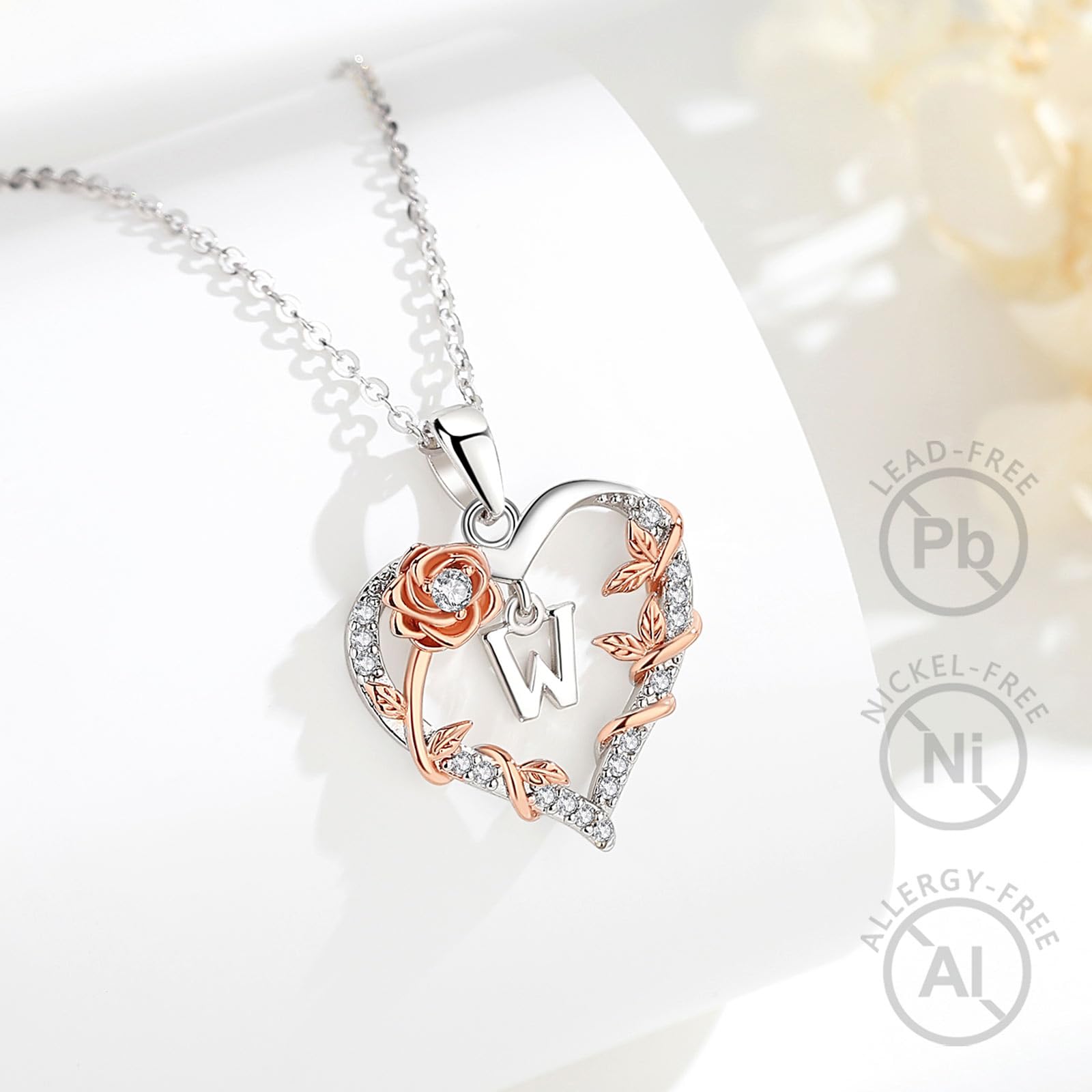 EUDORA Harmony Ball Collana con iniziali a Cuore Rosa per Donne, Lettera dalla A alla Z Collane con Iniziali dell'Alfabeto in Rame Placcato in Rodio Iniziali con Ciondolo Regali di Gioielli, 18"