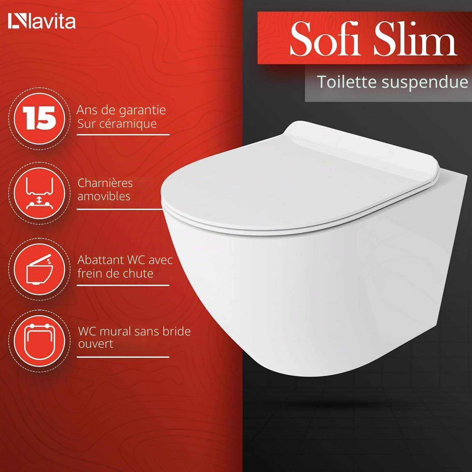 Lavita Duofix Basic Bâti-support + WC à rinçage en profondeur mural Sofi Blanc sans bride + Abattant WC avec abaissement automatique + Plaque de commande Delta 25 Bouton blanc Ensemble complet de