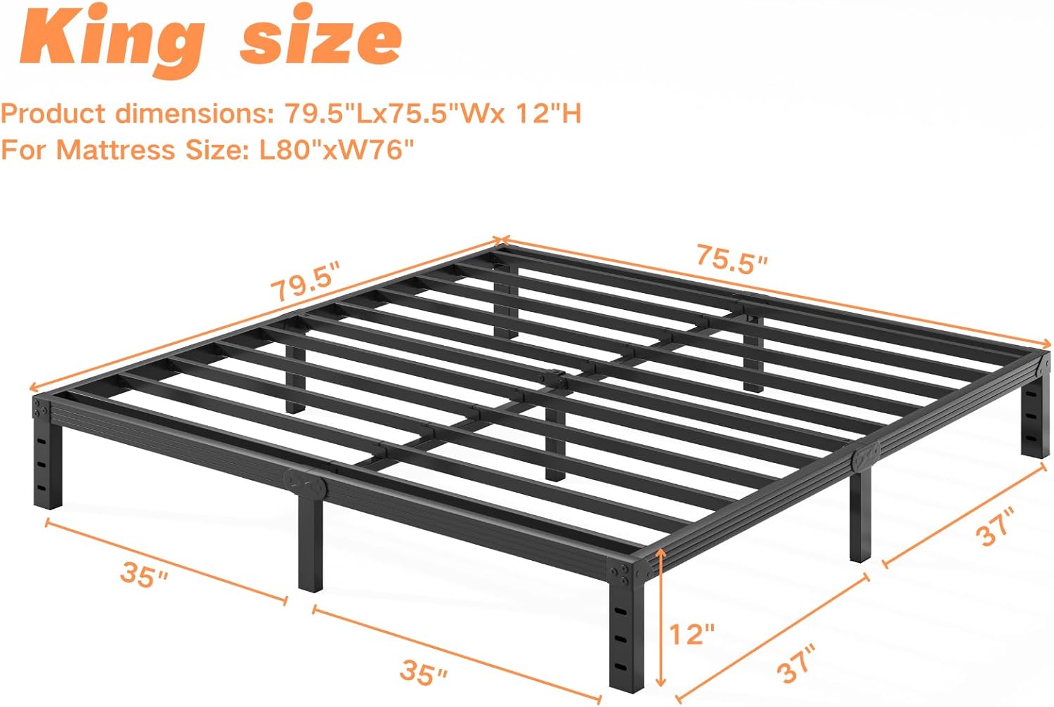 COMASACH King-Size Metal Bed-Frame No Box Spring Needed,12-Inch Noise Free Black Platform-Bed Base, Easy Assembly,Heavy Duty Steel Slat Support Non Slip Mattress Foundation