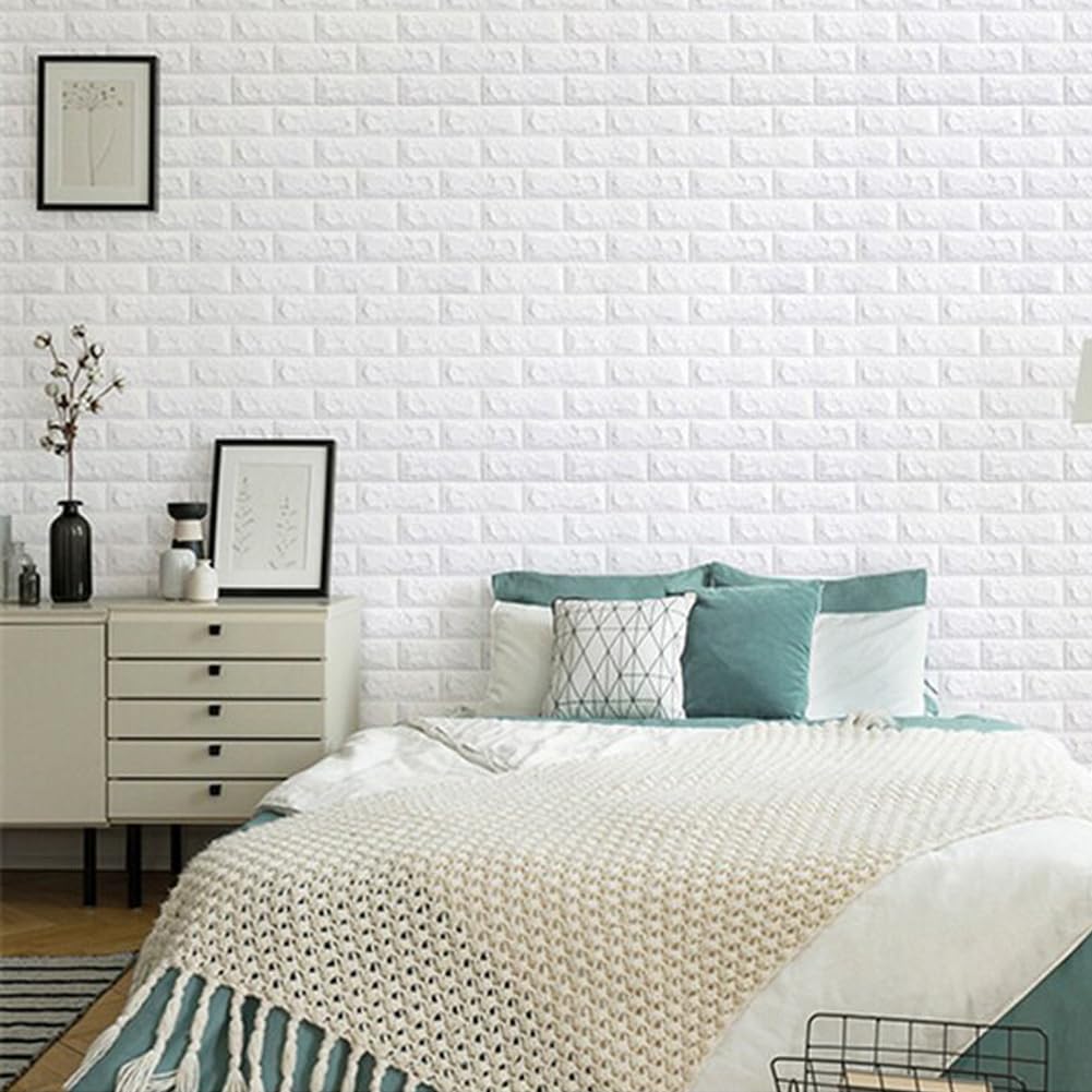 Carta da Parati 3D in Mattoni, 35x39cm Pannelli Finta Pietra Carta da Parati Adesiva Muro, moderna impermeabile adesivi murali per Cucina, Soggiorno, Camera da letto, Bagno (36 Pezzi, Bianco)