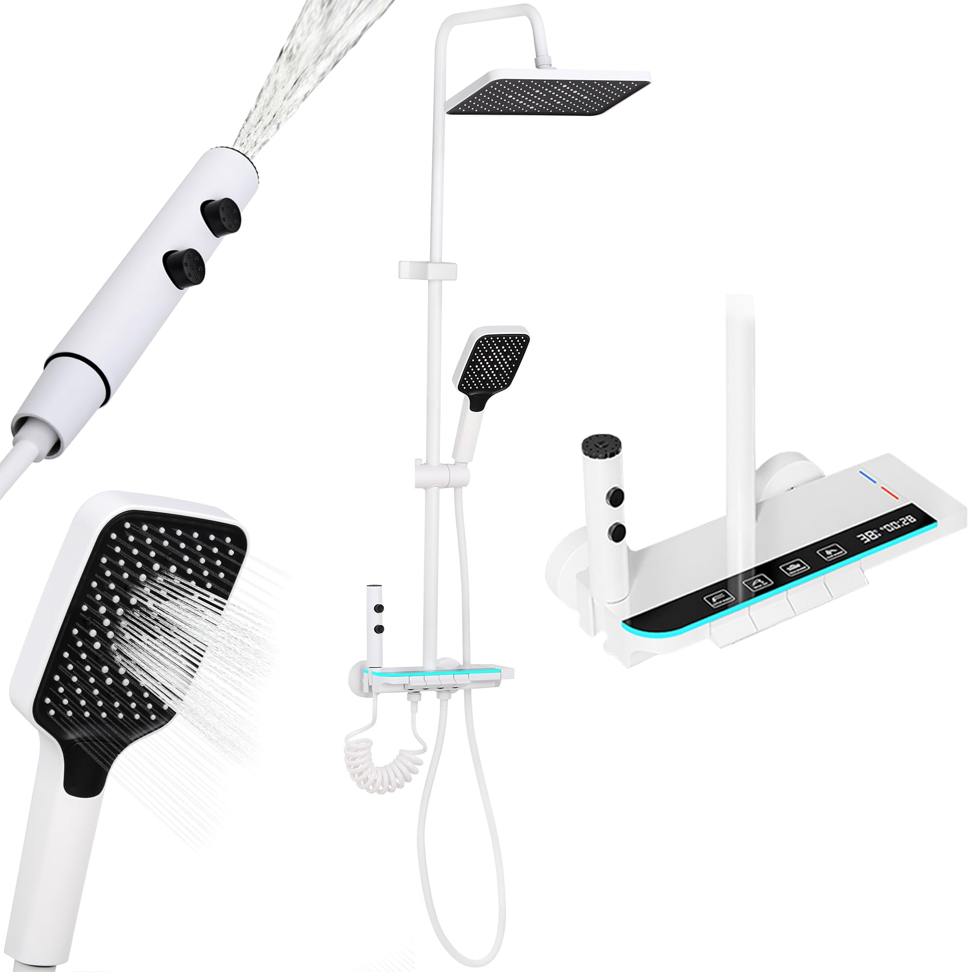 Colonna Doccia Termostatica con Display LED - 4 Vie (Pioggia 30×20 cm, Doccetta, Spray 3 Modalità, Getto), Materiale Inox/ABS, SX Caldo/DX Freddo, Altezza Regolabile, Colore Bianco