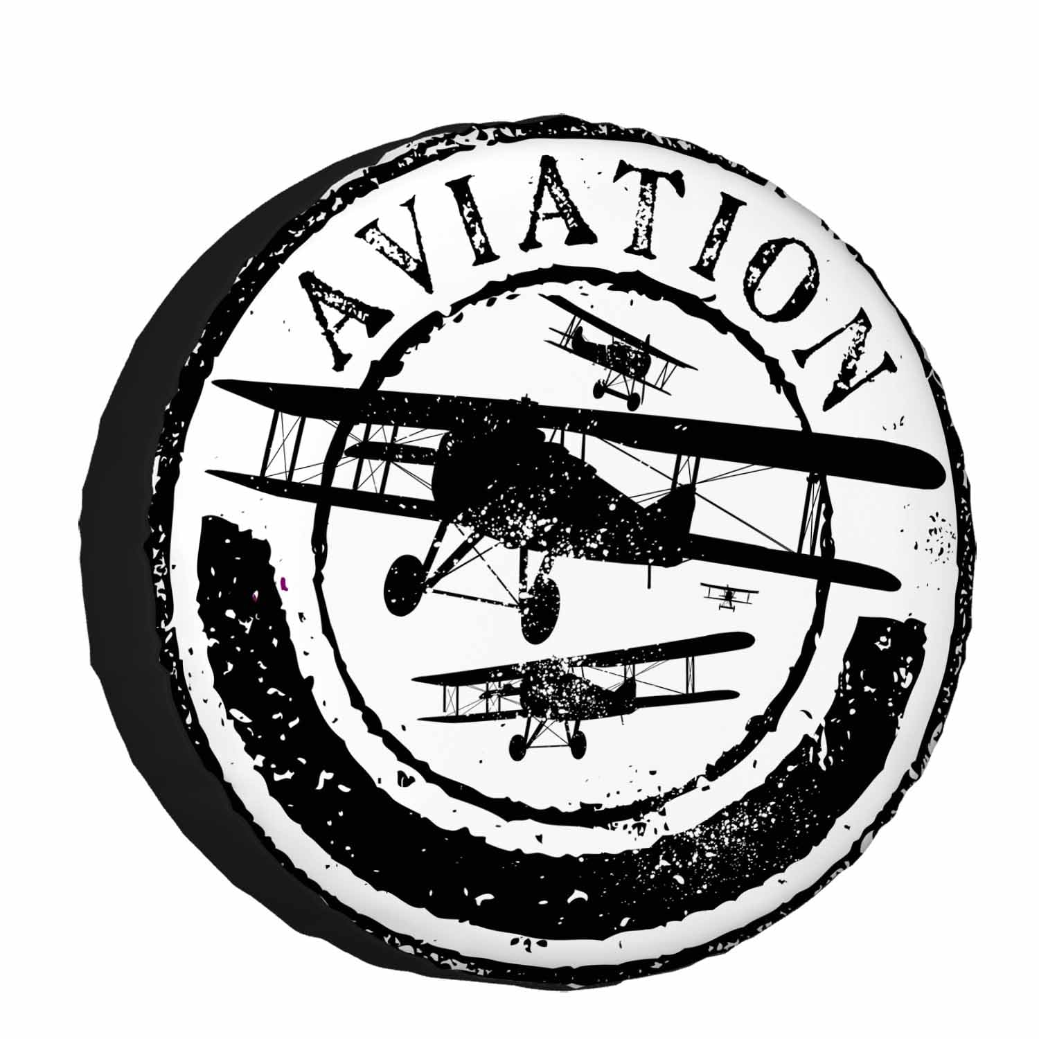 Funda de rueda de repuesto con sello de avión para remolque de RV, avión con texto "Aviación, cielo, alas voladoras", protectores de rueda a reacción, funda de poliéster resistente a la intemperie para todo tipo de coches, SUV, caravanas, viajes, 15 pulgadas