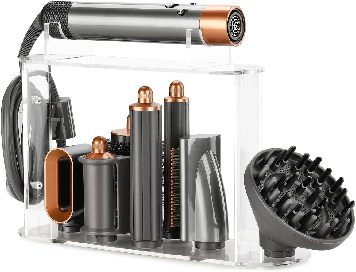 7-Hole Storage Holder for Dyson Airwrap – Upgraded Acrylic Stand Organizer for Long Barrels & Diffuser Nozzles, Countertop Holder for Airwrap Styler Accessories for Bathroom Vanity Makeup Table