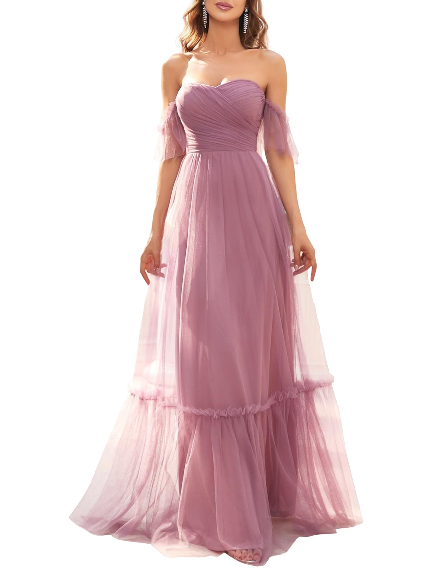 Ever-Pretty Abito da Damigella dalla Spalla Stile Impero Linea ad A Tulle Lunghezza del Piano da Donna EE50126