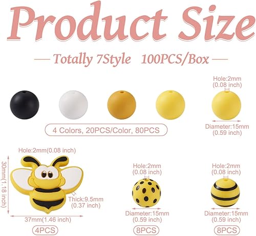 Miniatura 7 de 100 cuentas redondas de silicona con temática de abeja, colores mezclados, espaciador de silicona, cuentas redondas con patrón de lunares y rayas