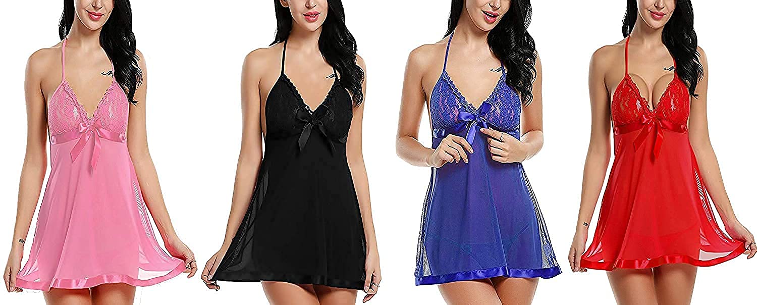 s.k.colletion fashion women's net solid above knee baby doll nightwear dress with panty combo (pink, black, blue, red, free size) - pack of 4