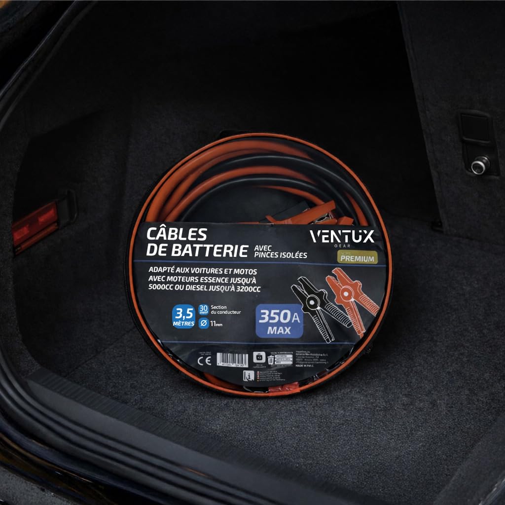 Câbles de Démarrage 350A 3,5 m Cuivre Gainé Pinces Isolées – Essence 5000cc Diesel 3200cc Sac Rangement Inclus